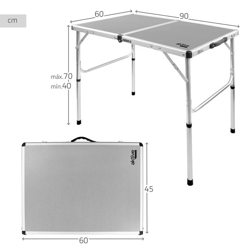AKTIVE - Table De Camping Pliante, Réglable En 2 Hauteurs, 90x60x40/70 Cm, Gris – Image 4